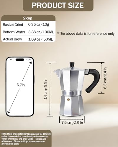 Coffee Maker Stovetop Espresso Maker 2 Cup Aluminum Moka Pot Percolator 3.3oz 100ml Easy Brewing for Electric Ceramic Stoves Home Camping Italian Cuban Café Classic Silver