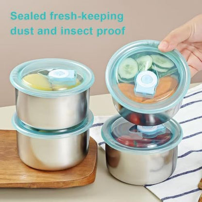 Stainless Steel Food Storage Containers Set of 4 Leak proof Metal Storage BinsMulti-Use for Snacks,Fruits Stackable&Portable for Kitchen Fridge&Outdoor Camping,Storage Containers,Snack Containers
