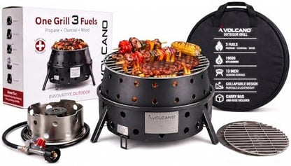 Volcano 3 Collapsible Portable Outdoor Grill/Stove, Propane, Charcoal and Wood, 19500 BTU Burner, 13 Inch Cooking Surface, Camping Stove for Backpacking, Hiking and BBQ, Carry Bag and Hose Included