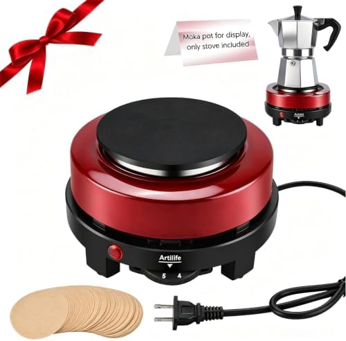 Artilife 500W Mini Electric Hot Plate - Moka Pot Special, 110V Compact RV Camping Stove, 4" Cast Iron Burner for Coffee, Low Wattage Portable (Red)