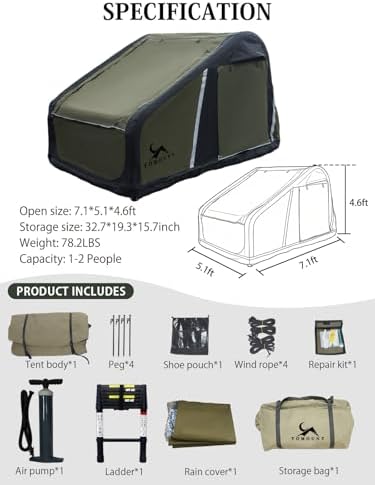 MC TOMOUNT Inflatable Rooftop Tent for Camping, Roof Top Truck Tent with Detachable Mattress, Panoramic Skylight & Ladder, Easy Setup Blow Up 2-3 Person Canvas Roof Tent for Car SUV Jeep Van