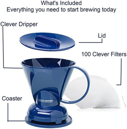 Clever Coffee Dripper | Large 18 oz | Royal Blue | BPA-Free | 100 Filters