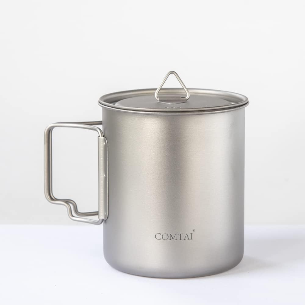 Titanium Camping Pot Mug 15oz (420ml) with Lid and Foldable Handle – Ultralight Camping Cup for Hiking, Backpacking, Outdoor Cooking, Silver