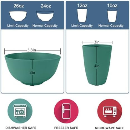 Wrova 40Pack plates and bowls sets for kids - Unbreakable wheat straw dinnerware sets service for 8 - Alternative plastic 40pcs dish sets for kitchen, camping and indoors dinning - (Green)