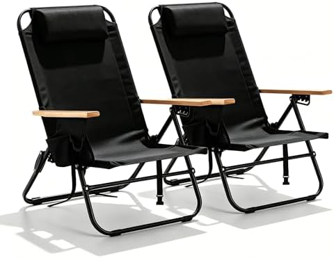 2 Pack Lightweight Portable Camping Beach Chair for Adults, Outdoor Lay Flat Folding Beach Chairs with 5 Positions, Backpack Beach Chair with Zipper Pouch, Cup Holder, Black