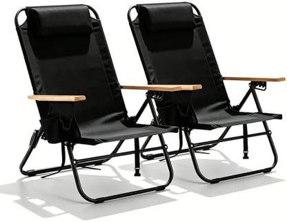 2 Pack Lightweight Portable Camping Beach Chair for Adults, Outdoor Lay Flat Folding Beach Chairs with 5 Positions, Backpack Beach Chair with Zipper Pouch, Cup Holder, Black