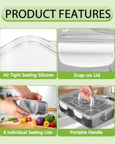 Snackle Box Container, Stainless Steel Divided Serving Tray with Lid and Handle, Large Snack Tray for Fruit Veggie Candy, 8-Compartment Snack Platter for Travel Party Beach Picnic