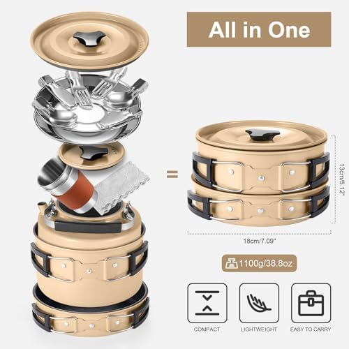 Odoland 15pcs Camping Cookware Mess Kit, Lightweight Pot Pan Kettle Set