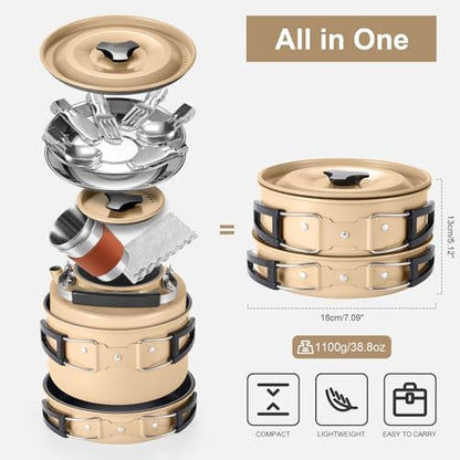 Odoland 15pcs Camping Cookware Mess Kit, Lightweight Pot Pan Kettle Set