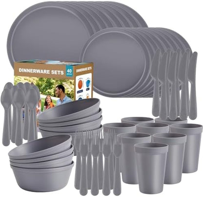 40 Piece Plastic Dinnerware Set for 8 with Cutlery, Unbreakable Plates and Bowls Set, Dishwasher & Microwave Safe Reusable Dish Set for Camping, RV, Outdoor Kitchen, Apartment Dining, Gray