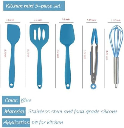 Collfa Mini Kitchen Utensil Set - Five-Piece Set, Tiny Silicone Kids Kitchen Tools - Whisk, Tongs, Spoon, Slotted Spatula - Blue