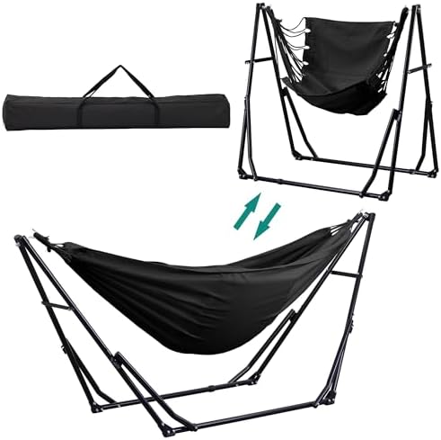 Ainfox Hammock with Foldable Stand, 2 in 1 Hammock and Swinging Chair with Carrying Bag, Portable Camping Chair Suitable for Outside, Swing,Patio,Garden,Camping Trip Black