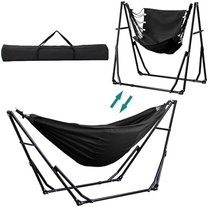 Ainfox Hammock with Foldable Stand, 2 in 1 Hammock and Swinging Chair with Carrying Bag, Portable Camping Chair Suitable for Outside, Swing,Patio,Garden,Camping Trip Black
