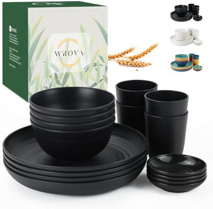 Wrova Wheat straw dinnerware sets of 16-10 inches plates,26oz bowls,2oz dipping bowls,12oz cups - Unbreakable plates and bowls sets microwave safe and dishwasher safe,service for 4. Black