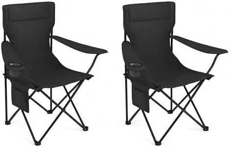 SUWT 2 Pack Portable Folding Camping Chair, Outdoor Chair with Cup Holder & Side Pocket, Durable Oxford Cloth & Steel Frame for Camping, Hiking, Picnic, Beach (Black)