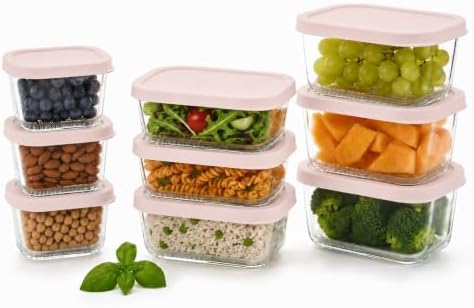 Glass Food Storage Containers with Lids - 18 Piece - 10.5 oz, 17.6 oz & 25.4 oz Sets Glass with BPA-Free Leak Resistant Stackable Lids - Microwave, Oven & Dishwasher Safe - Ideal for - Berry Blush