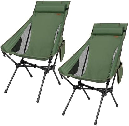High Back Camping Chair for Adults, Folding Chair Supports 440 lbs, Lightweight Portable Backpacking Chair with Adjustable Pillow for Hiking & Camping