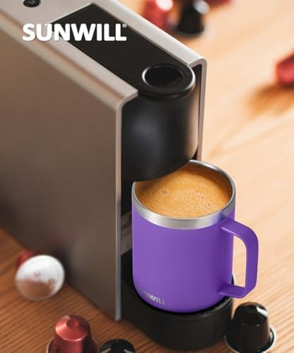 SUNWILL Insulated Coffee Mug with Lid, Travel Tumbler with Handle, 14 oz Stainless Steel Cup for Camping, Office, Home, Powder Coated Purple