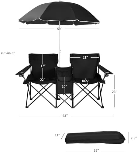 Goplus Double Camping Chairs with Umbrella, Cooler for Beach Patio
