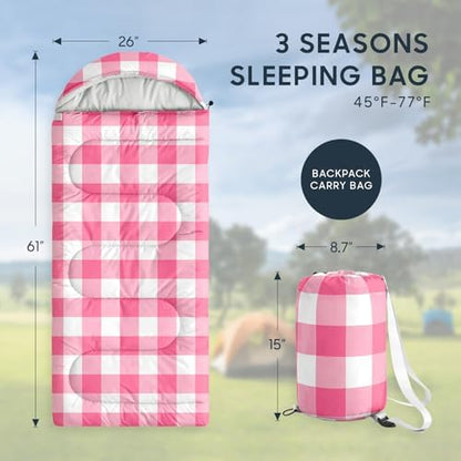 Wake In Cloud - Kids Sleeping Bag for Boys Girls Toddlers, Camping in Warm Cold Weather, Backpacking Lightweight Compact Outdoor Liner for 3 Seasons, Gingham Plaid