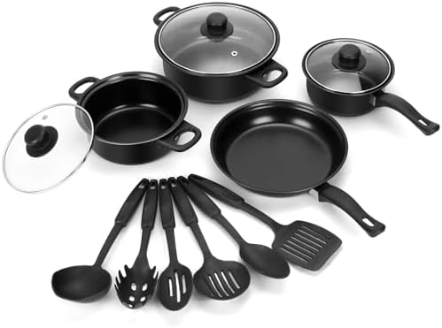 Non-Stick Cookware Set, Portable Lightweight Cast Iron Pots and Pans with Glass Lids and Nylon Utensils for Outdoor Camping Picnic Travel