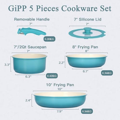 GIPP 5pcs Pots and Pans Set Non Stick, Nonstick Cookware Set Detachable Handle, Ceramic Pots for Cooking Non Stick with Removable Handle, RV Cookware Set for All Stoves, Light Blue Gradient