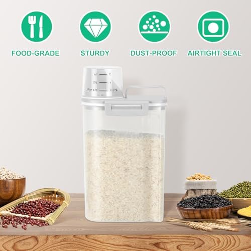 TBMax Rice Storage Container 2 Pack, Plastic Kitchen Pantry Food Storage Container with Cup, Small Pet Dog Cat Food Container Dispenser