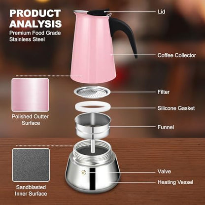 4 Cup Stovetop Espresso Maker Stainless Steel Moka Pot Stove Top Percolator Italian Coffee Makers Capable Mocha Greca Machine Cafe Classic Induction Cookers for Home and Camping 200ml 6.6oz