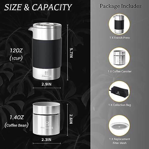 French Press Coffee Maker Set, Portable French Press with Mini Coffee Canister and Collection Bag, Single Serve 1 Cup Small Stainless Steel Double Walled Coffee Press 350ml/12oz