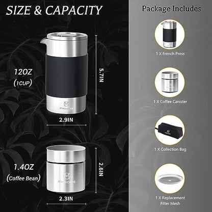 French Press Coffee Maker Set, Portable French Press with Mini Coffee Canister and Collection Bag, Single Serve 1 Cup Small Stainless Steel Double Walled Coffee Press 350ml/12oz