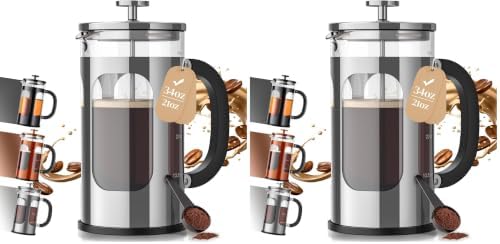 Veken French Press Coffee Maker,No Plastic Touching Cafe,34oz 1L Cafetera,Heat Resistant Thickened Borosilicate Glass Stainless Steel Brewer,Pot for Kitchen,Travel,Camping,Tea,Gifts,Silver (Pack of 2)
