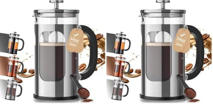 Veken French Press Coffee Maker,No Plastic Touching Cafe,34oz 1L Cafetera,Heat Resistant Thickened Borosilicate Glass Stainless Steel Brewer,Pot for Kitchen,Travel,Camping,Tea,Gifts,Silver (Pack of 2)
