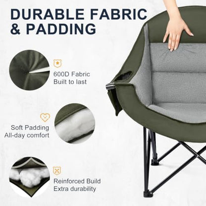 Oversized Camping Chairs for Adult - Heavy Duty Padded Portable Folding Chair XL Collapsible Camp Chair with Cup Holder Cooler Pockets for Outdoor Lawn Beach Sport Fishing Support 500LBS, Green Grey