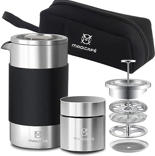 French Press Coffee Maker Set, Portable French Press with Mini Coffee Canister and Collection Bag, Single Serve 1 Cup Small Stainless Steel Double Walled Coffee Press 350ml/12oz