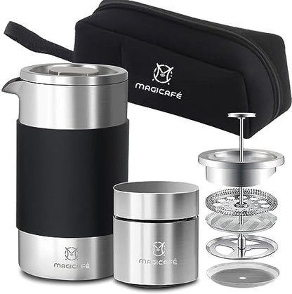 French Press Coffee Maker Set, Portable French Press with Mini Coffee Canister and Collection Bag, Single Serve 1 Cup Small Stainless Steel Double Walled Coffee Press 350ml/12oz