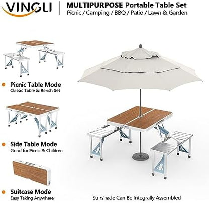 VINGLI 4 Ft Camping Picnic Table Set with 4 Seats with Umbrella Hole Folding Lightweight Suitcase Card Table-220 Lbs Support Aluminum Frame, Plastic RV Tabletop for Barbecue,Travel,Outing,Gathering
