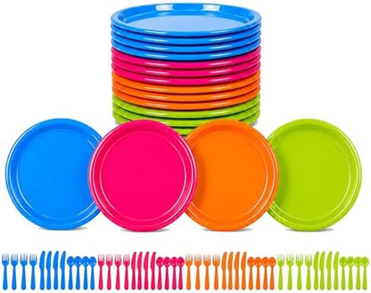 Basicwise 64-Piece Reusable Plastic Dinnerware Set for 16 – Microwavable & Dishwasher Safe Assorted Color Plates and Cutlery for Party, Picnic, Camping, Garden BBQ, Outdoor Gathering & Everyday Dining