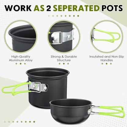 18-Pcs Camping Cookware Mess Kit for 2, Non-Stick Lightweight Pot Pan Set with Stainless Steel Cups & Plates, Folding Utensils with 3 Storage Bags for Emergency Prep, Hiking, Picnic