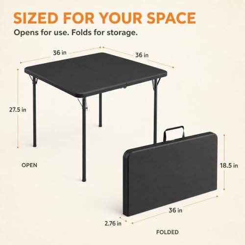 36" Folding Table, Portable Square Folding Card Table with Carrying Handle, Heavy Duty Plastic Foldable Event Table for Camping, Picnic, Party, Crafting, Outdoor and Indoor Use, Black