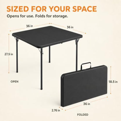 36" Folding Table, Portable Square Folding Card Table with Carrying Handle, Heavy Duty Plastic Foldable Event Table for Camping, Picnic, Party, Crafting, Outdoor and Indoor Use, Black