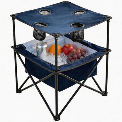 Portable Outdoor Folding Camping Table with 4 Cup Holders & Cooler Compartment, Waterproof Picnic Table for Picnic, BBQ, Beach, Hiking (Navy Blue)