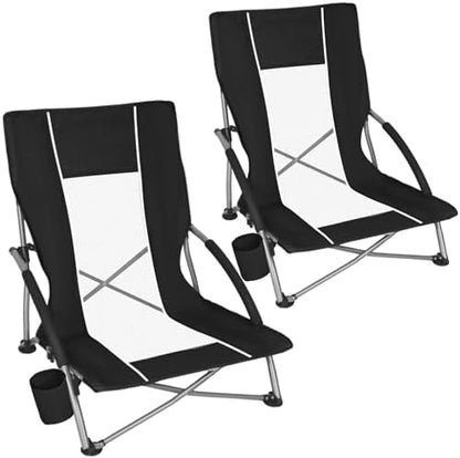 Romswi Low Beach Chairs for Adults 2 Pack, Lightweight Folding Sand Chairs with Breathable Mesh Back & Cup Holder, Portable Compact Camping Chairs, 300lbs Capacity,Black