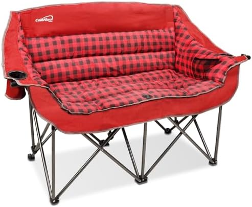 Colorsoul Double Folding Camping Chair,Fully Padded Loveseat Camping Couch,Oversized 2 Person Lawn Chair w/Cup Holder,Wine Glass Holder,Mesh Storage for Patio Picnic Beach,Support 600lbs,Red Plaid