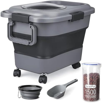Dog Food Storage Container, 10-20 lbs Airtight Collapsible Cat Food Storage Container with Attachable Wheels, Portable Handle, Dog Food Scoop for Dog Cat Bird Pet Dry Food Storage Bin Dark Grey
