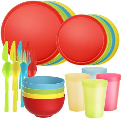 28 Piece Plates and Bowls Sets for 4, Kitchen Dinnerware Sets, Plastic