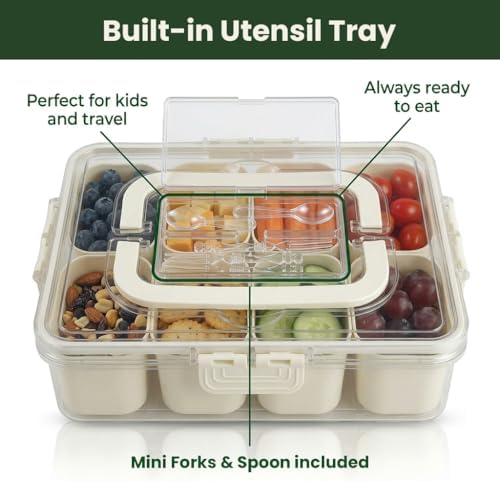 Snackle Box Container 2 Pack with Lid & Handle | BPA-Free 8-Compartment Divided Serving Tray, Snack Tackle Box & Snack Organizer, Portable Charcuterie Board with Lid & Utensil Tray for Party & Travel