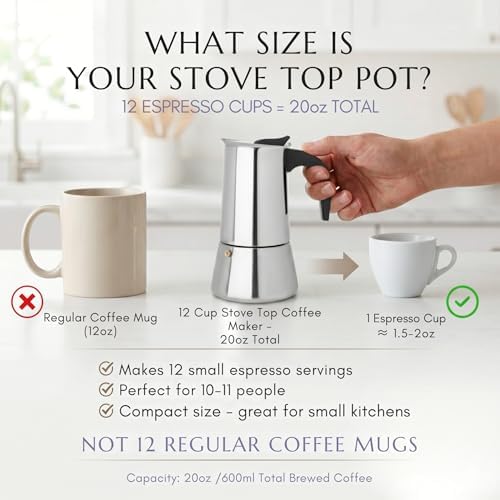 Mixpresso 12 Cup Greca Moka Pot, Stainless Steel Stovetop Espresso Maker