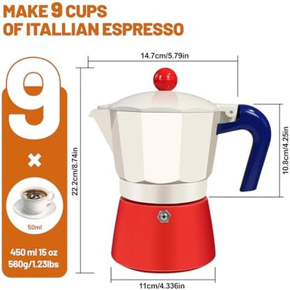 9 Cup Aluminum Espresso Stovetop Moka Pot Express Coffee Maker Percolator Italian Classic Mocha Coffee Machine for Italian and Cuban Cafe Brewing for Home & Camping 450ml 15oz