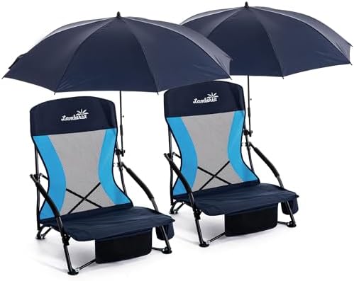 Folding Beach Chair with Umbrella for Adults, 2 Pack Portable Low Beach Chairs with 300lbs Capacity, Lightweight Fodable Camping Chair for Travel, Picnic, Concert & Outdoor Activities, Navy Blue