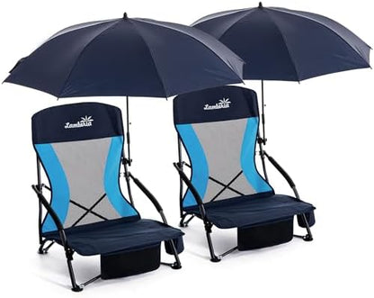 Folding Beach Chair with Umbrella for Adults, 2 Pack Portable Low Beach Chairs with 300lbs Capacity, Lightweight Fodable Camping Chair for Travel, Picnic, Concert & Outdoor Activities, Navy Blue